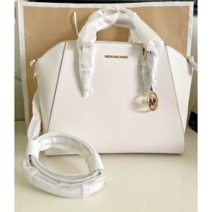 Michael Kors Ciara Large Optic White Leather Top Zip Satchel Handbag Crossbody